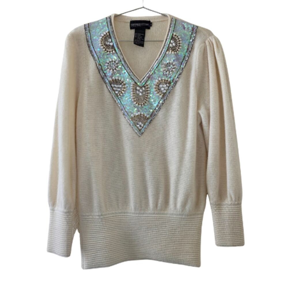 Spree International Vintage Embellished Wool Angora Sweater Beaded Cream Women M